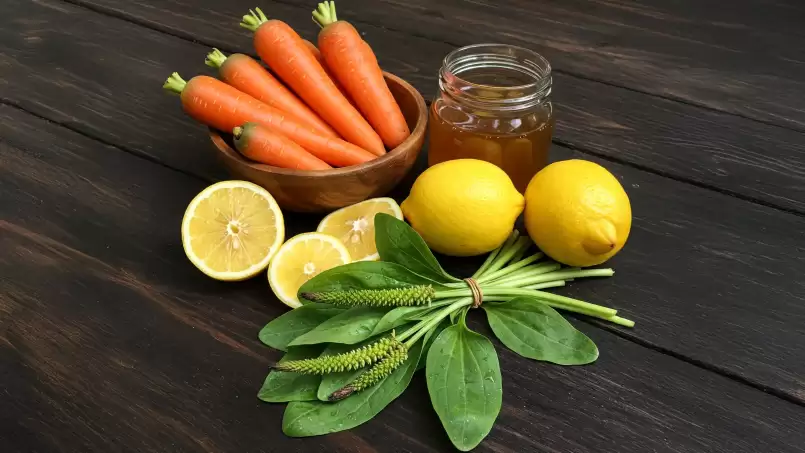 Élixir naturel pour un foie en bonne santé avec des carottes, du miel, des citrons et du pissenlit